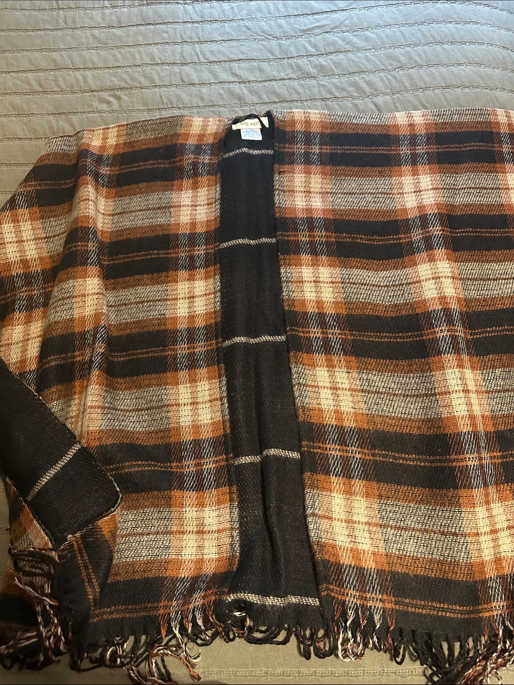 Nine West Plaid Fringe Open-Front Coatigan in Black and Brown